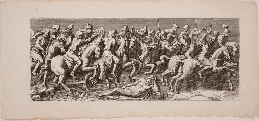 A black-and-white, horizontal print depicts multiple Roman-style male figures on horseback. They hold weapons or brass musical instruments and process, somewhat chaotically, towards the viewer's right.