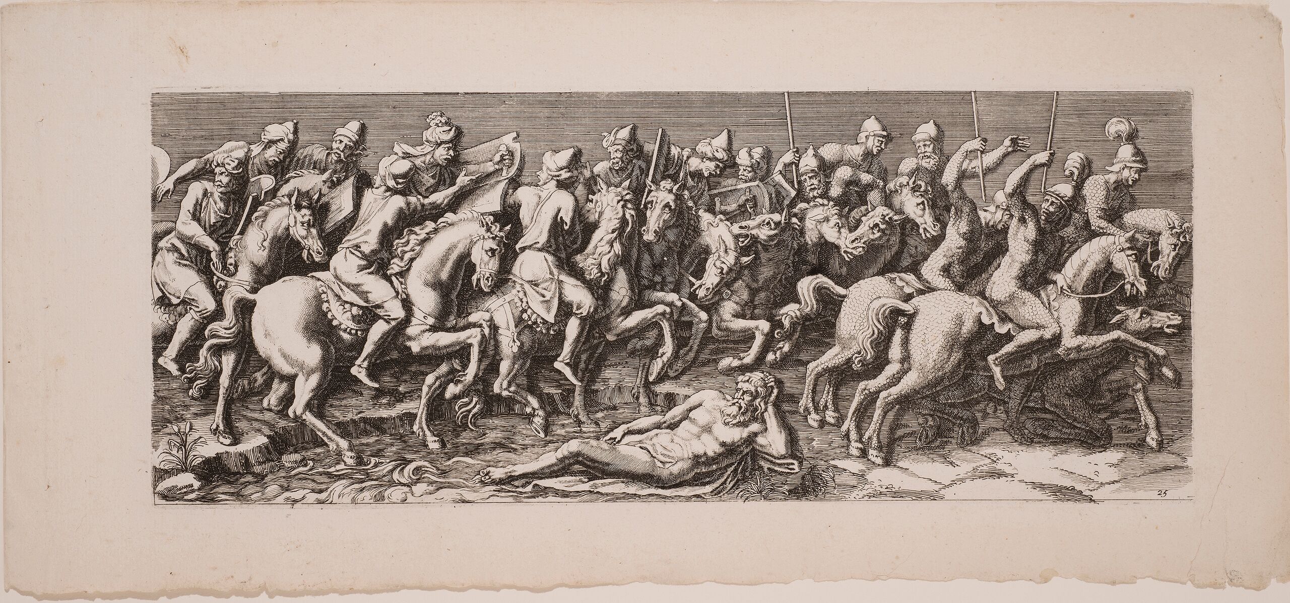 A black-and-white, horizontal print in a classical style depicts multiple male figures on horseback. They hold weapons or brass musical instruments and process, somewhat chaotically, toward the viewer's right.
