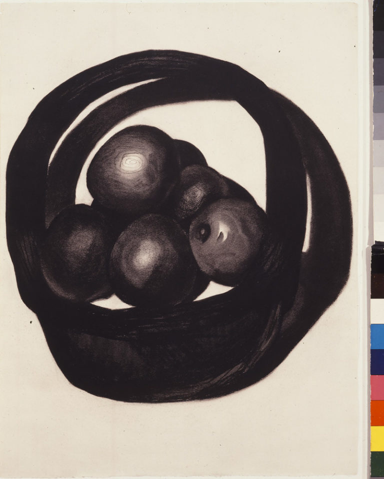 A still life of avocados in a basket rendered in charcoal on a white ground uses radically simplified forms. Two offset circles evoke a basket and its shadow. Within the circles, ovals highlighted to imply 3 dimensions, seem to hover above, not sit within, the basket interior