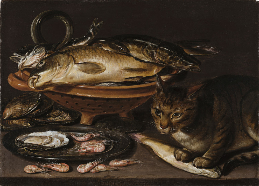 A brown ceramic colander holds several types of fish of varying sizes that lie stacked. In the foreground, a cat stands alert with its paws on a yellow fish. In front of the colander, a gleaming pewter dish holds shrimp and oyster shells. The surfaces all reflect and shine.