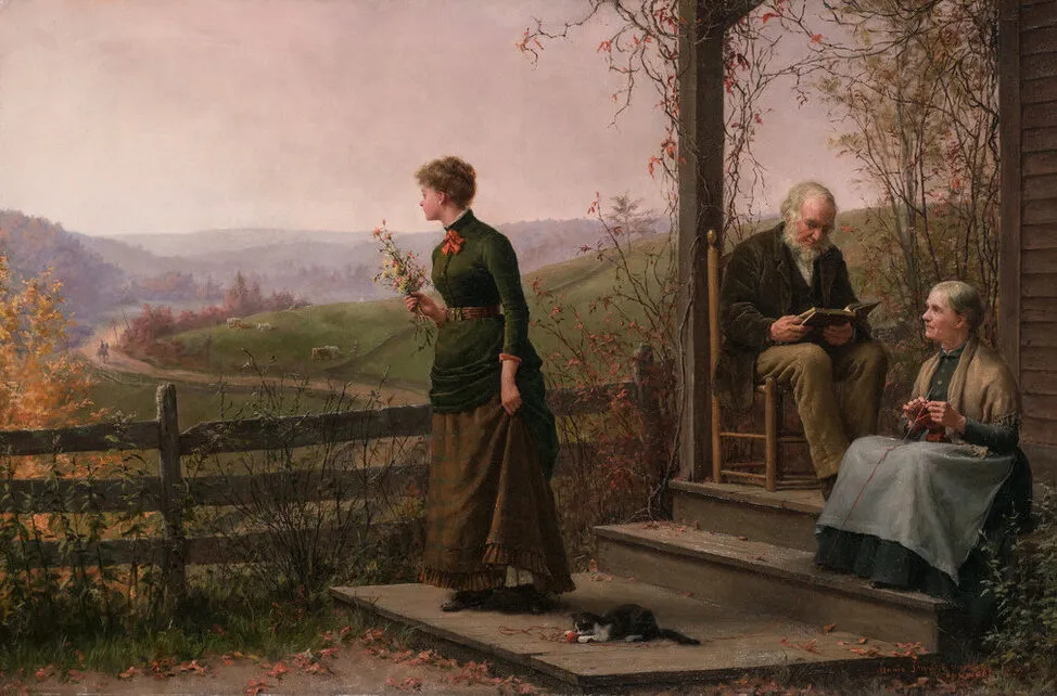 A young woman in 19th-century dress stands before a wooden house in an idyllic rural landscape. She holds a bouquet and gazes at a distant horse and rider. A gray-haired woman knitting on the porch steps pauses to watch her. On the porch, a gray-haired man concentrates on a book.