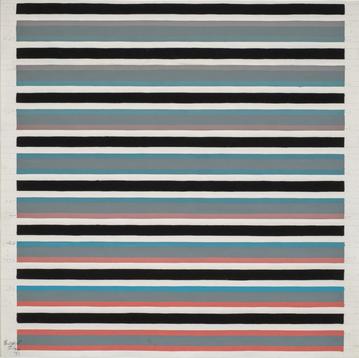 Painting shows eight sections of horizontal lines in muted hues of red, turquoise, and gray separated by thick black lines and spaces of white. Each color block is made of three colors, starting with grey and blues at the top, and moving progressively to warmer colors at the bottom.