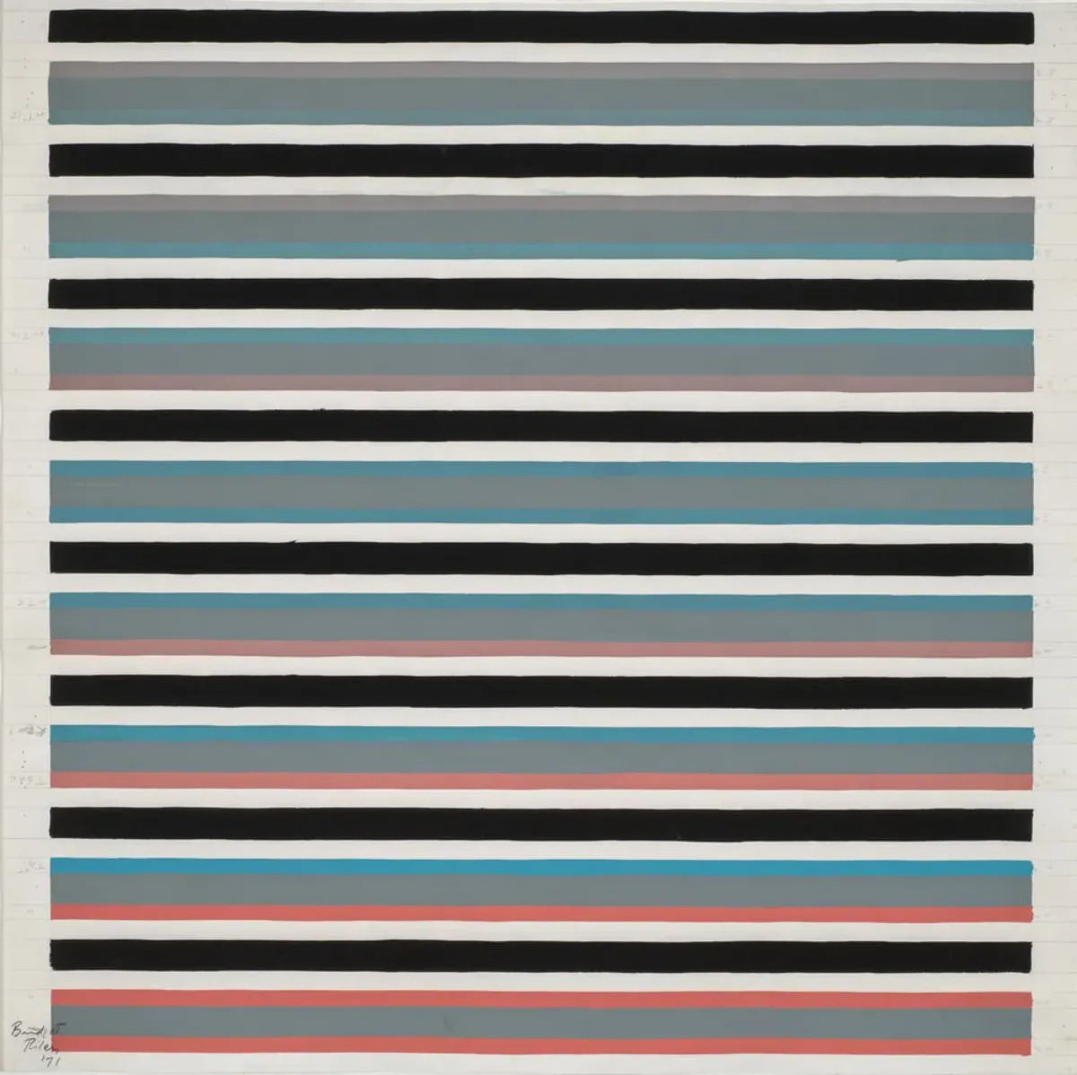 Painting shows eight sections of horizontal lines in muted hues of red, turquoise, and gray separated by thick black lines and spaces of white. Each color block is made of three colors, starting with grey and blues at the top, and moving progressively to warmer colors at the bottom.