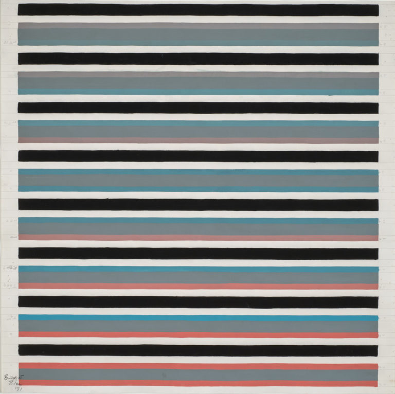Painting shows eight sections of horizontal lines in muted hues of red, turquoise, and gray separated by thick black lines and spaces of white. Each color block is made of three colors, starting with grey and blues at the top, and moving progressively to warmer colors at the bottom.