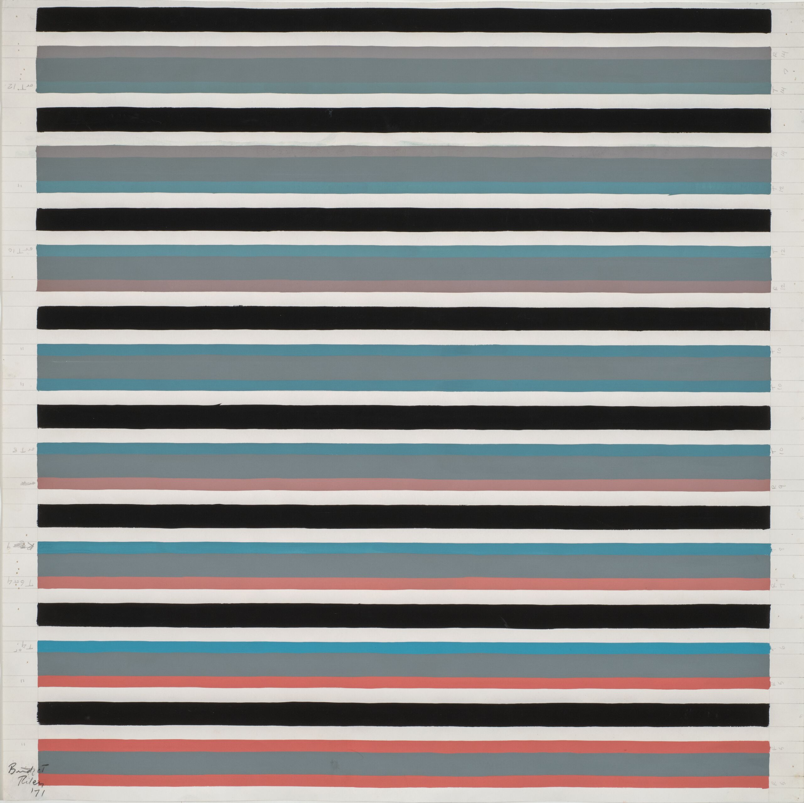 Painting shows eight sections of horizontal lines in muted hues of red, turquoise, and gray separated by thick black lines and spaces of white. Each color block is made of three colors, starting with grey and blues at the top, and moving progressively to warmer colors at the bottom.