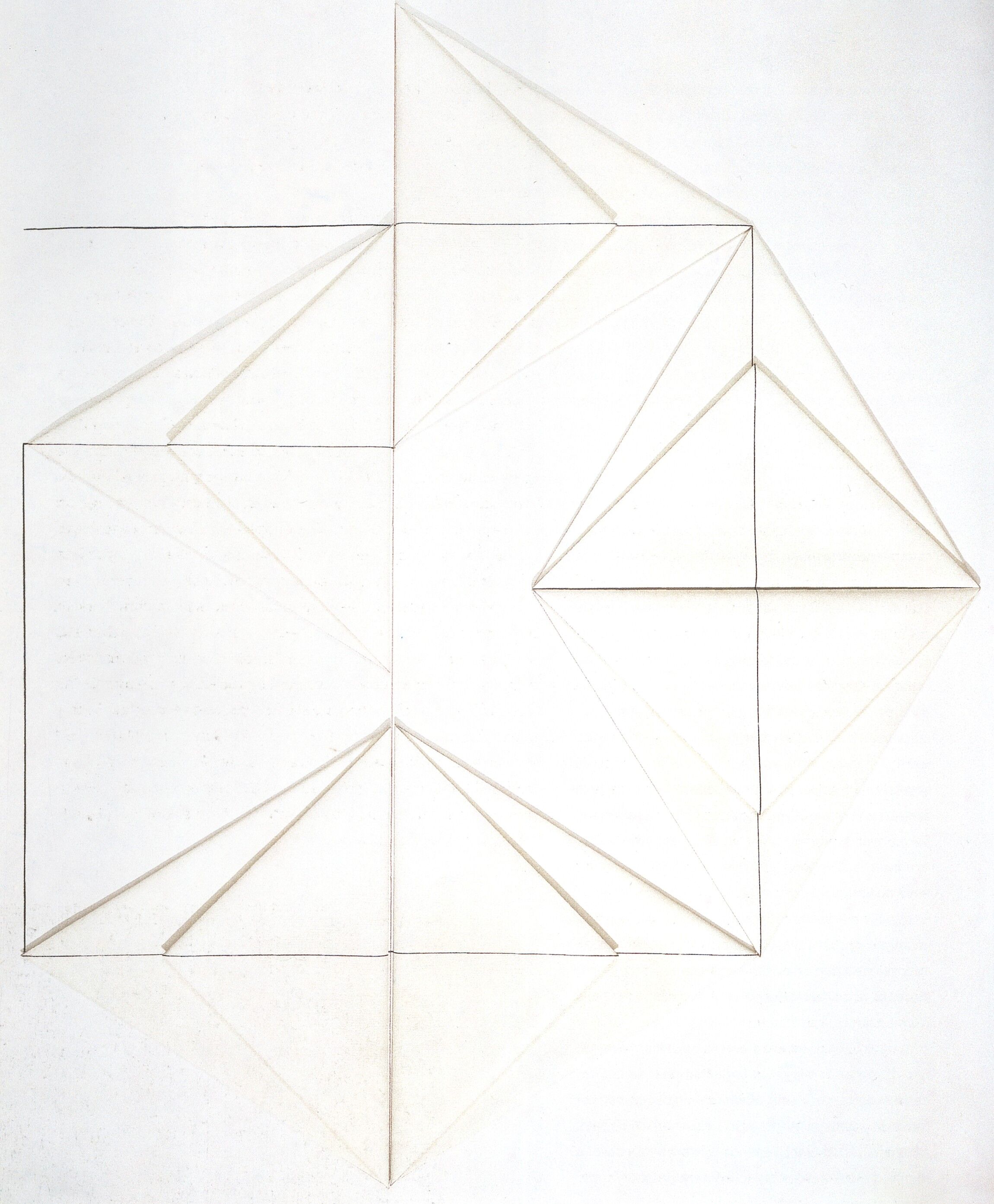 Six folded white triangles resembling origami form a large geometric shape on a white background. Connected by a continuous line that bisects their center, the corners of each triangle touch and encourage the eye to move in a circular fashion.