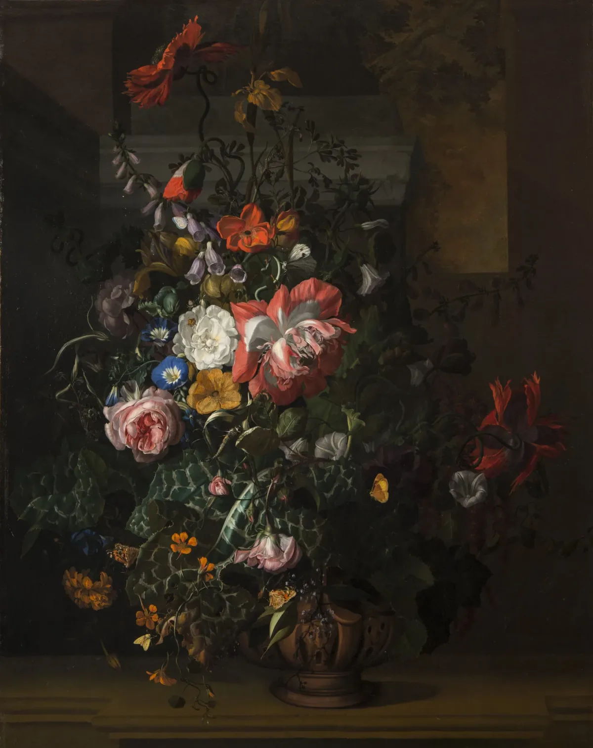 A still life painting featuring an asymmetrical arrangement of flowers; the central section features pink, orange, yellow, and blue flowers and is dramatically highlighted compared to the background and outer edge of arrangement.