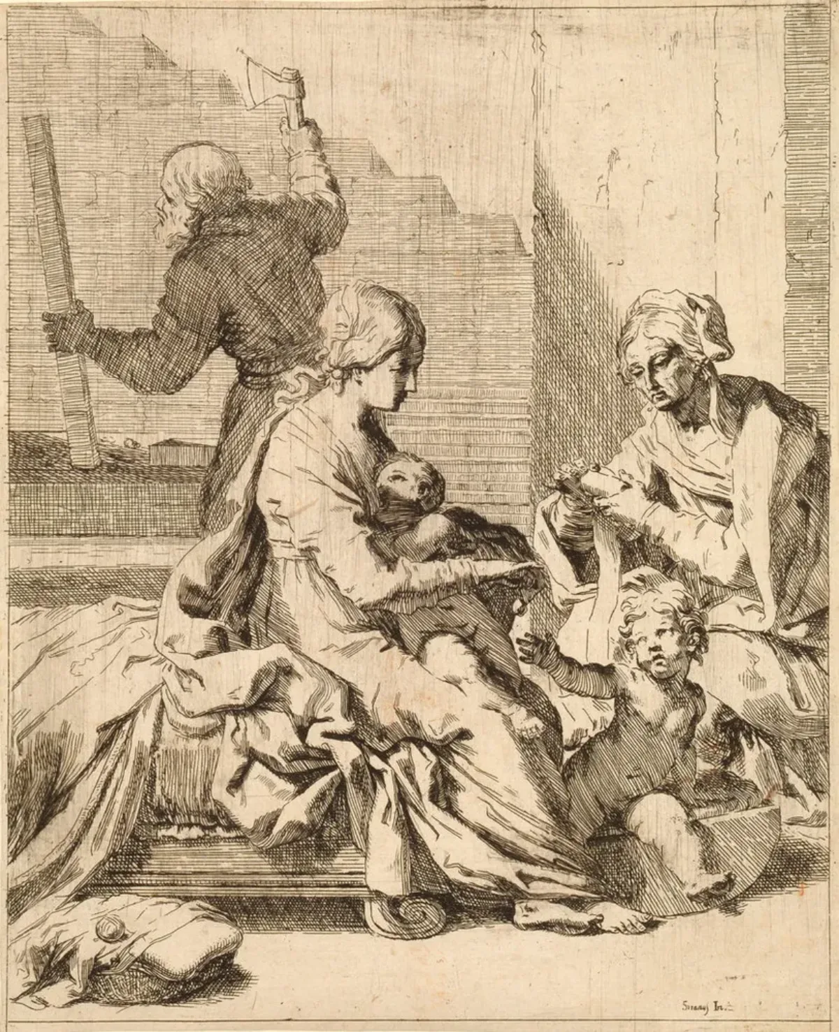 Etching shows the Virgin Mary nursing Jesus and dangling an object for a toddler-aged Saint John. Saint Elizabeth is on the right, her face weathered and her hands occupied. Saint Joseph, carpentry tools in hand, occupies the background, a raised axe in his right hand.