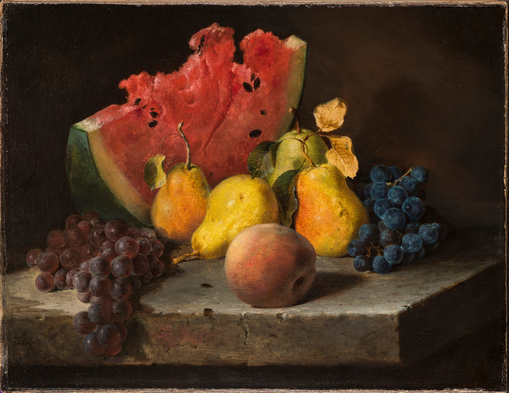 A juicy, cracked slice of watermelon, four glossy yellow pears, a fuzzy peach, and clusters of black and purple grapes sit on a medium-gray ledge against a dark background. Rendered with precise details and accurate textures, the fruit tempts viewers with its realism.