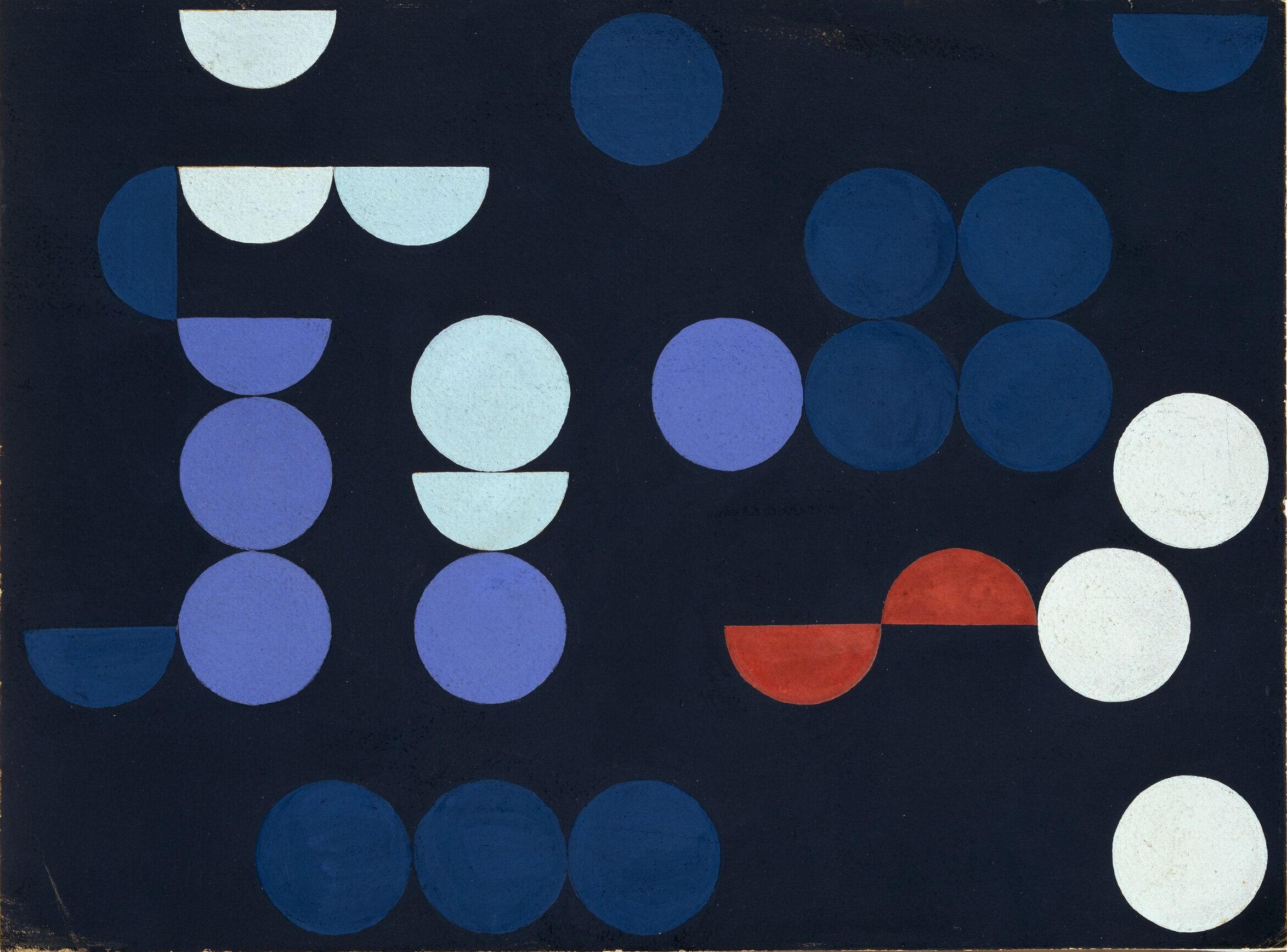 An abstract painting features a mix of similarly sized circles and semicircles in white, red, and multiple shades of blue placed against a dark background.