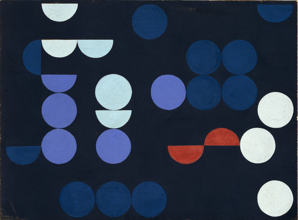 An abstract painting features a mix of similarly sized circles and semicircles in white, red, and multiple shades of blue placed against a dark background.