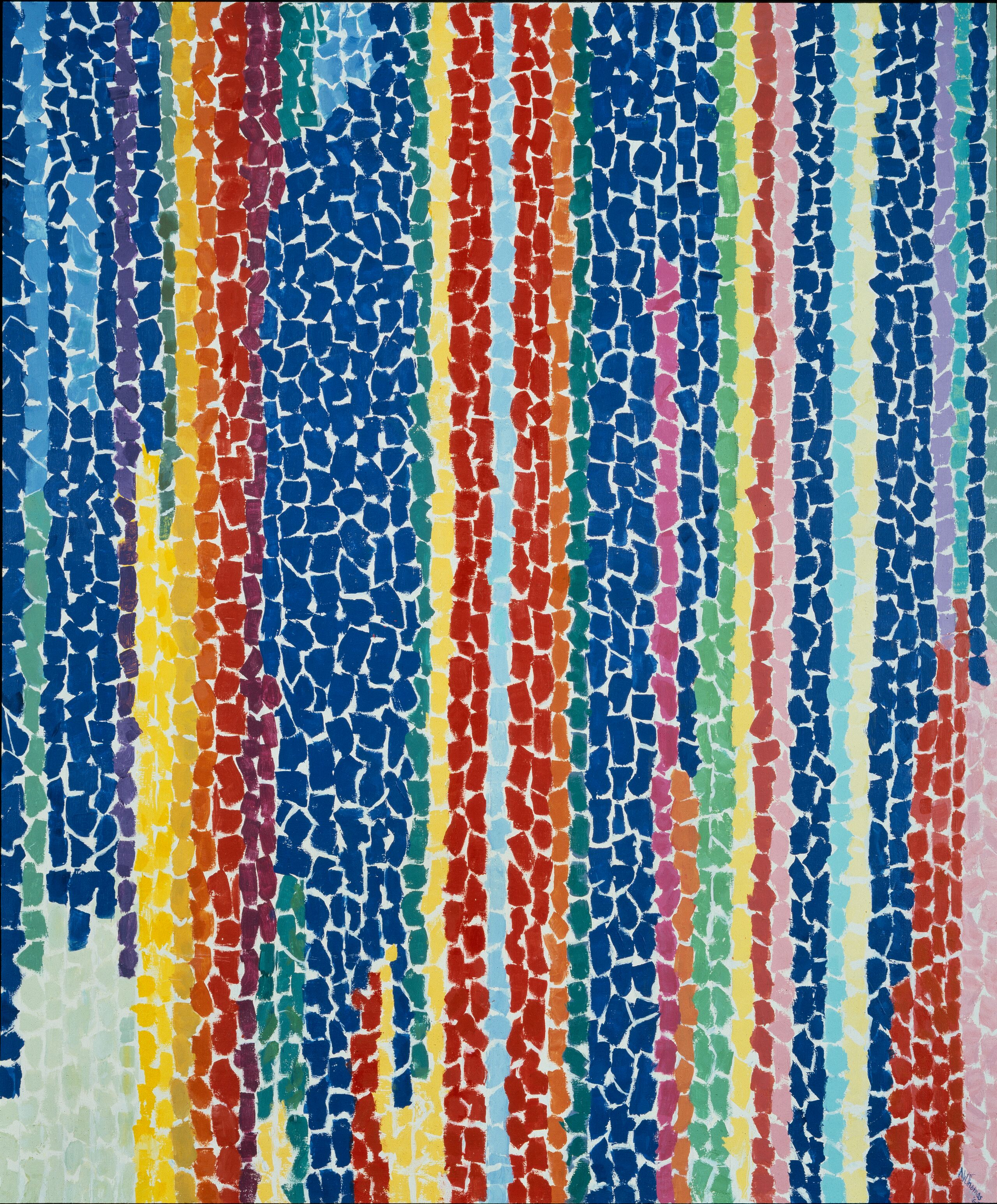 Abstract painting composed of brightly colored, lozenge-shaped brushstrokes cascading vertically. It is as if the painting were collaged out of torn pieces of paper, with the white of the canvas showing through.