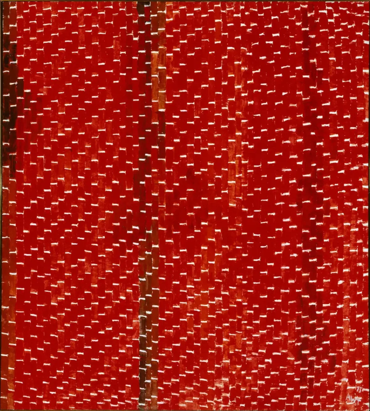 Painting features vertical tile-shaped brushstrokes in various shades of red separated by horizontal white lines. Creating a rhythmic and mosaic-like pattern that resembles stitching, the white lines create stairsteps in the lower right corner, separating as they move towards the center.