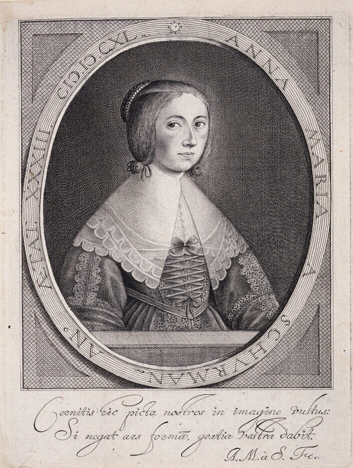 Three-quarter self-portrait print set in an oval with inscriptions along the perimeter depicts a light-skinned young woman with hair pinned up, wearing an elegant dress with an oversized lace collar and sleeves, gazing directly at the viewer.