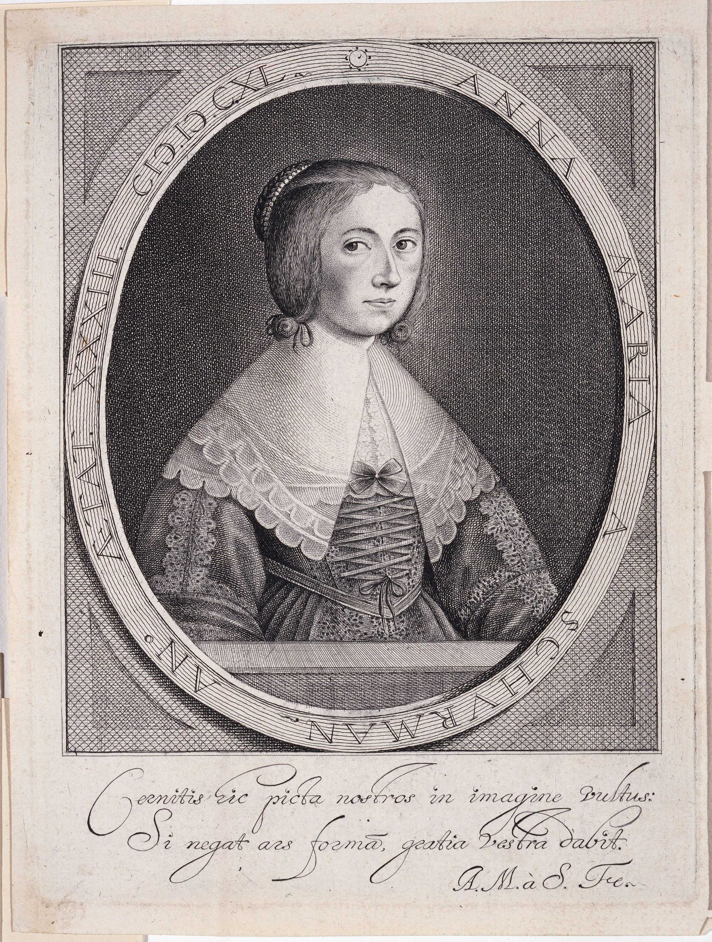 Three-quarter self-portrait print set in an oval with inscriptions along the perimeter depicts a light-skinned young woman with hair pinned up, wearing an elegant dress with an oversized lace collar and sleeves, gazing directly at the viewer.