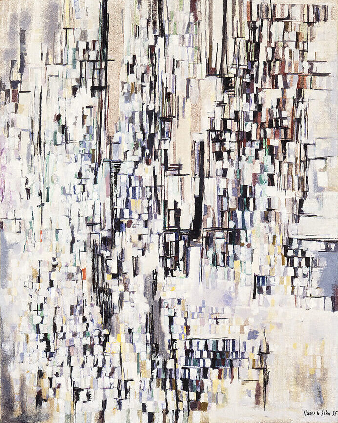 Abstract painting in the mid-century modern style presents a cityscape in whites, blacks, and neutral tones. A complex arrangement of small rectangles form a series of architectural patterns conveying the feel and excitement of a bustling town.