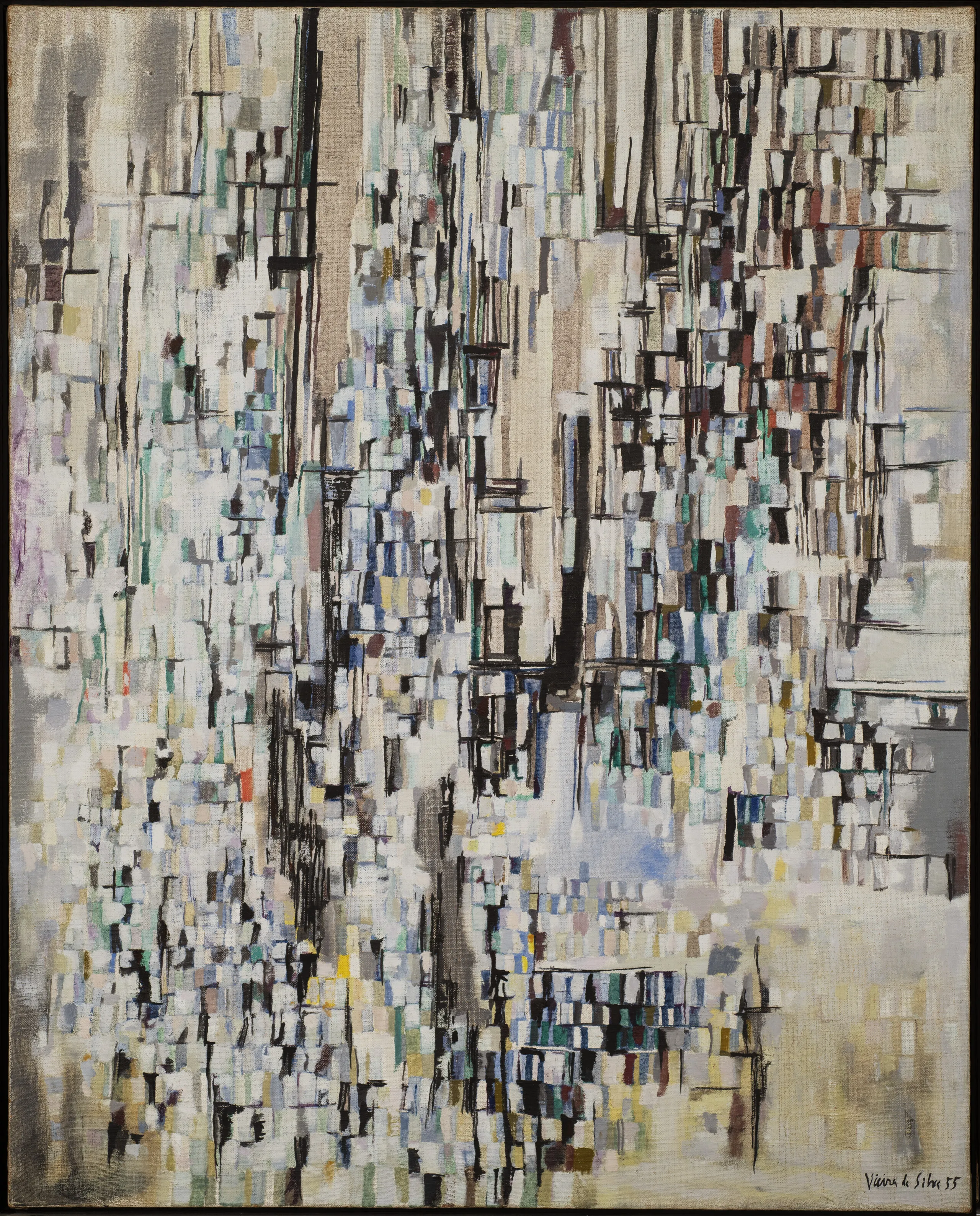 Abstract painting in the mid-century modern style presents a cityscape in whites, blacks, and neutral tones. A complex arrangement of small rectangles form a series of architectural patterns conveying the feel and excitement of a bustling town.