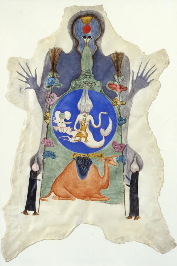 Surrealist painting shaped like an animal skin dominated by a foreboding human-like shape hovering over narrative scenes of animals, human hybrids, and reverse-handwritten Celtic references. At the center, a bright blue circle containing a chimeric figure sits atop a seated camel.