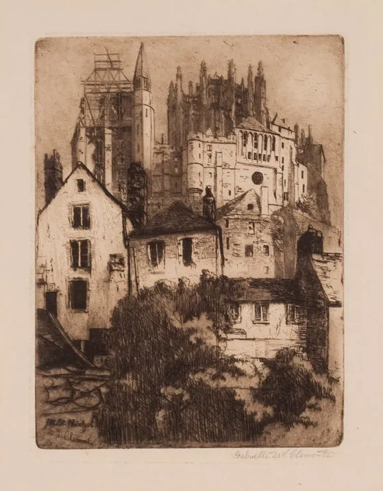 In a sweeping vertical composition, the print depicts an imposing gothic monastery set atop a steep hillside. In the foreground, bushes partially obscure the buildings at the base of the hill.