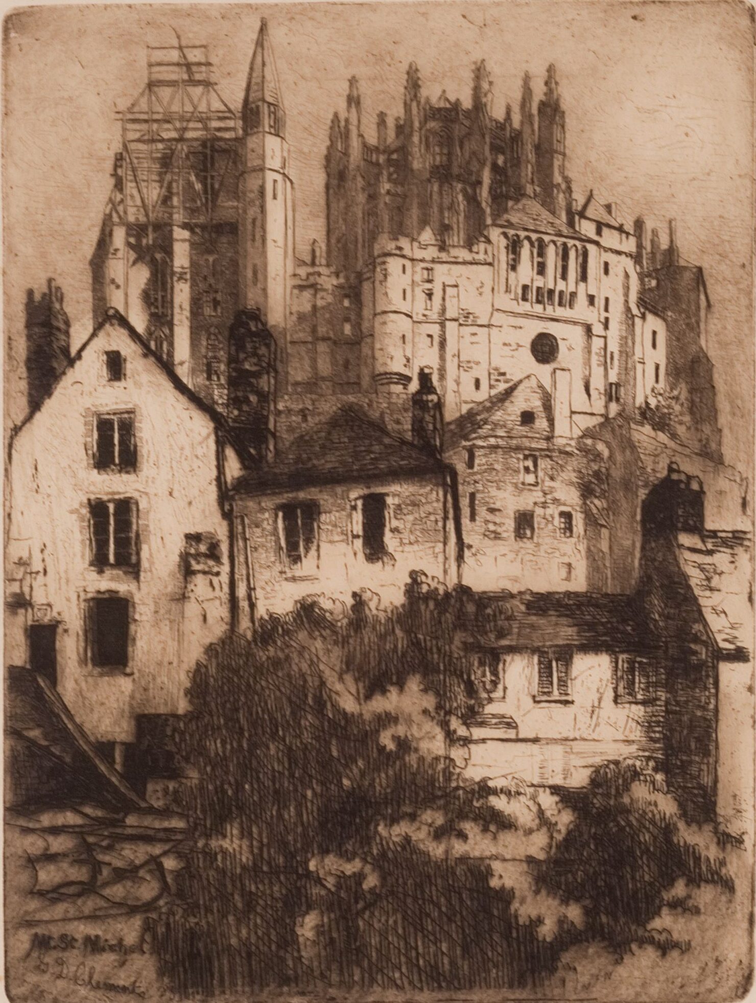In a sweeping vertical composition, the print depicts an imposing gothic monastery set atop a steep hillside. In the foreground, bushes partially obscure the buildings at the base of the hill.
