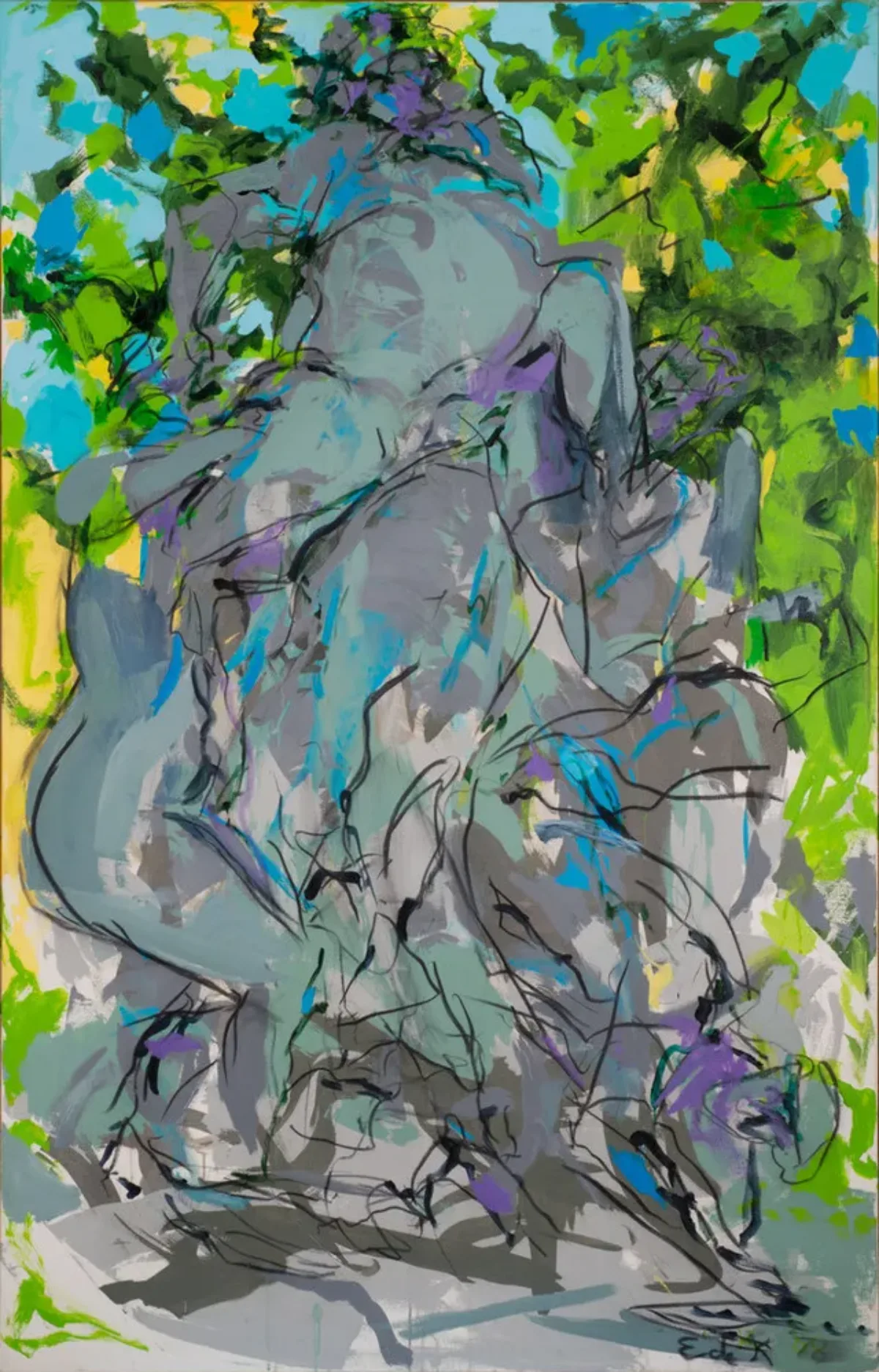 Large, vertical, abstract painting suggesting a central figure group in Bacchanalian revelry surrounded by nature. The expressively rendered figures are grey with outlines sketched in black, while the surrounding foliage and sky are a jumble of vibrant greens and turquoise blue.