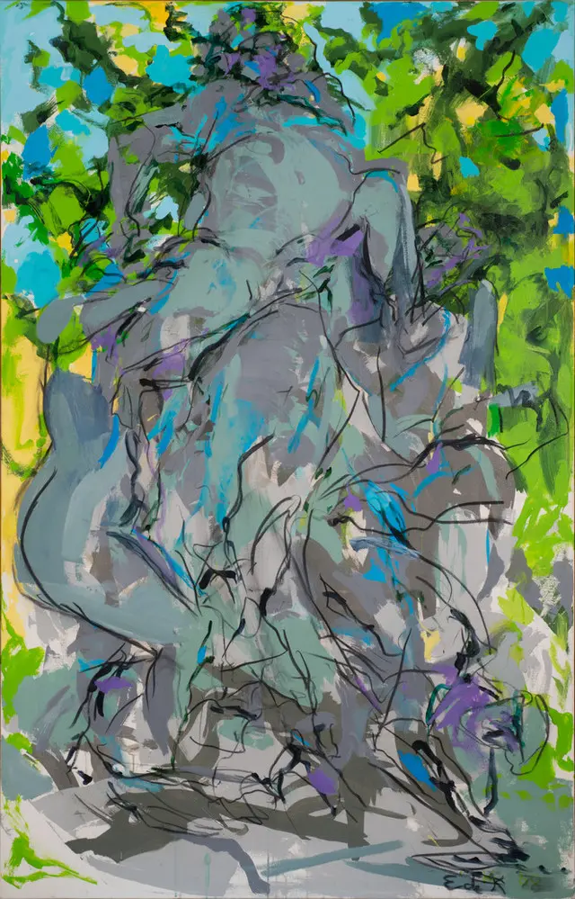 Large, vertical, abstract painting suggesting a central figure group in bachanalian revelry surrounded by nature. The expressively rendered figures are grey with outlines sketched in black, while the surrounding foliage and sky are a jumble of vibrant greens and turquoise blue.