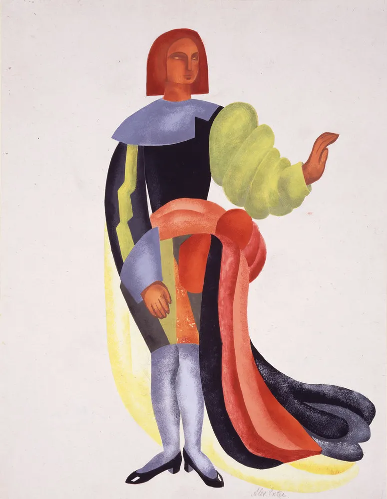 Painting shows a male figure in an elaborate costume. An abstract arrangement of bright colors and unexpected forms features voluminous chartreuse left sleeve, a blue pointed cuff and lightning bolt motif on the right sleeve, a fabric belt and a multicolored train, and black shoes.