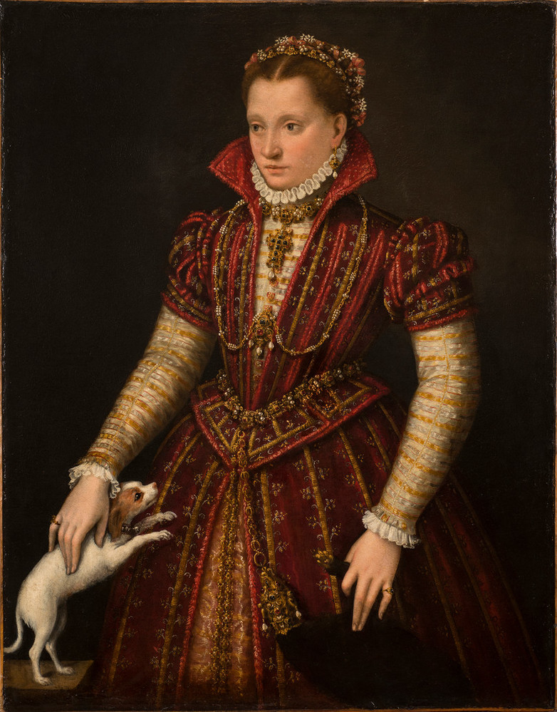 Painting of a woman with red hair holding a cat