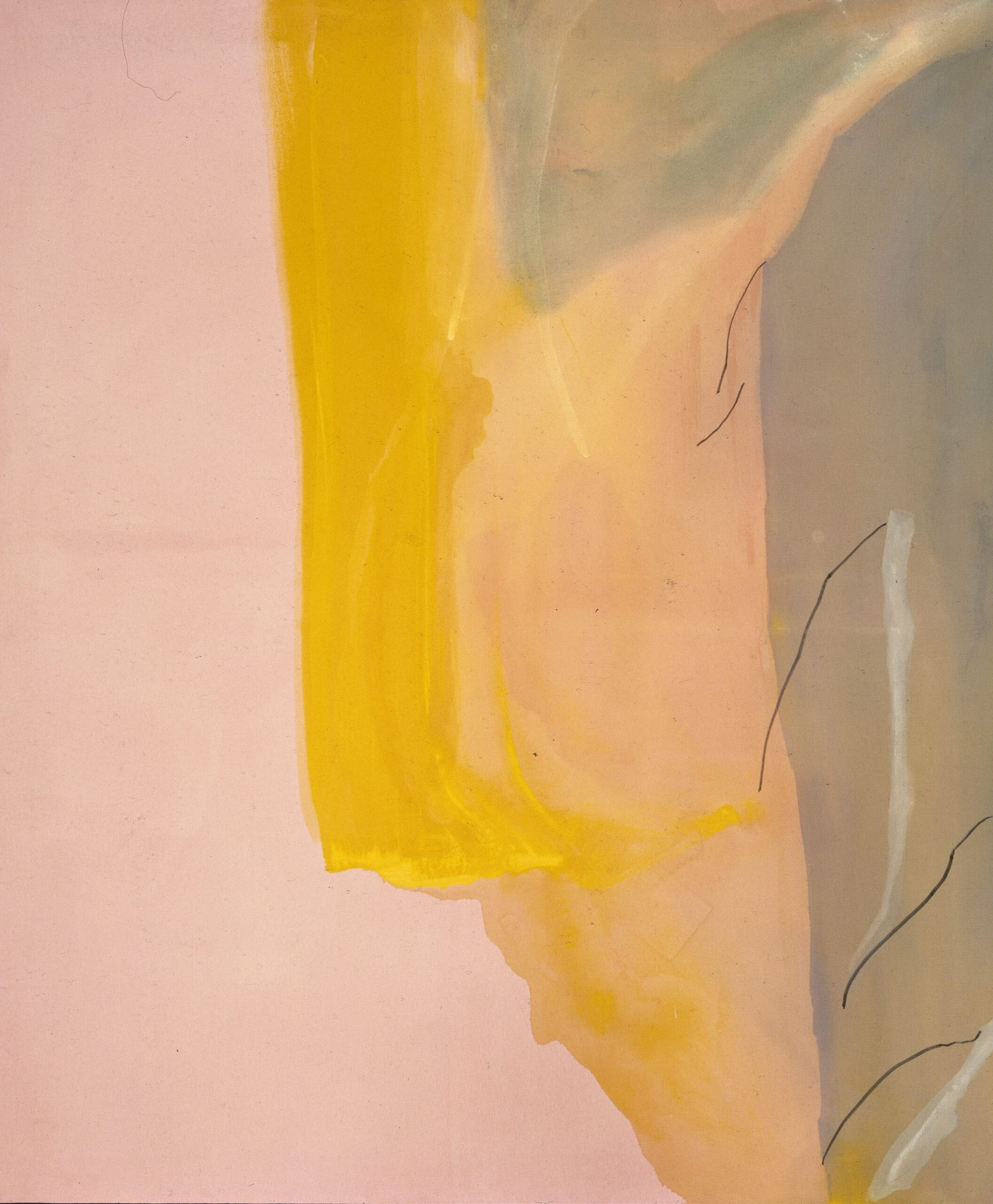 Large vertical painting in minimalist style features thinned pigments poured in translucent layers onto the unsized canvas. The abstract composition is dominated by a central ambiguous form in vibrant yellow-orange and peach, flanked by amorphous swaths of pale pink and a dark gray.