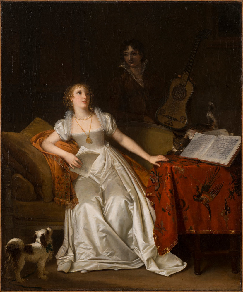 A blonde, light-skinned woman in a white satin gown holds music and sits on a settee. Bright light accentuates the singer, casting the dark-haired woman standing behind her with a guitar into murky shadow. A cat crouches on a music-strewn table, staring at the pert lapdog below.