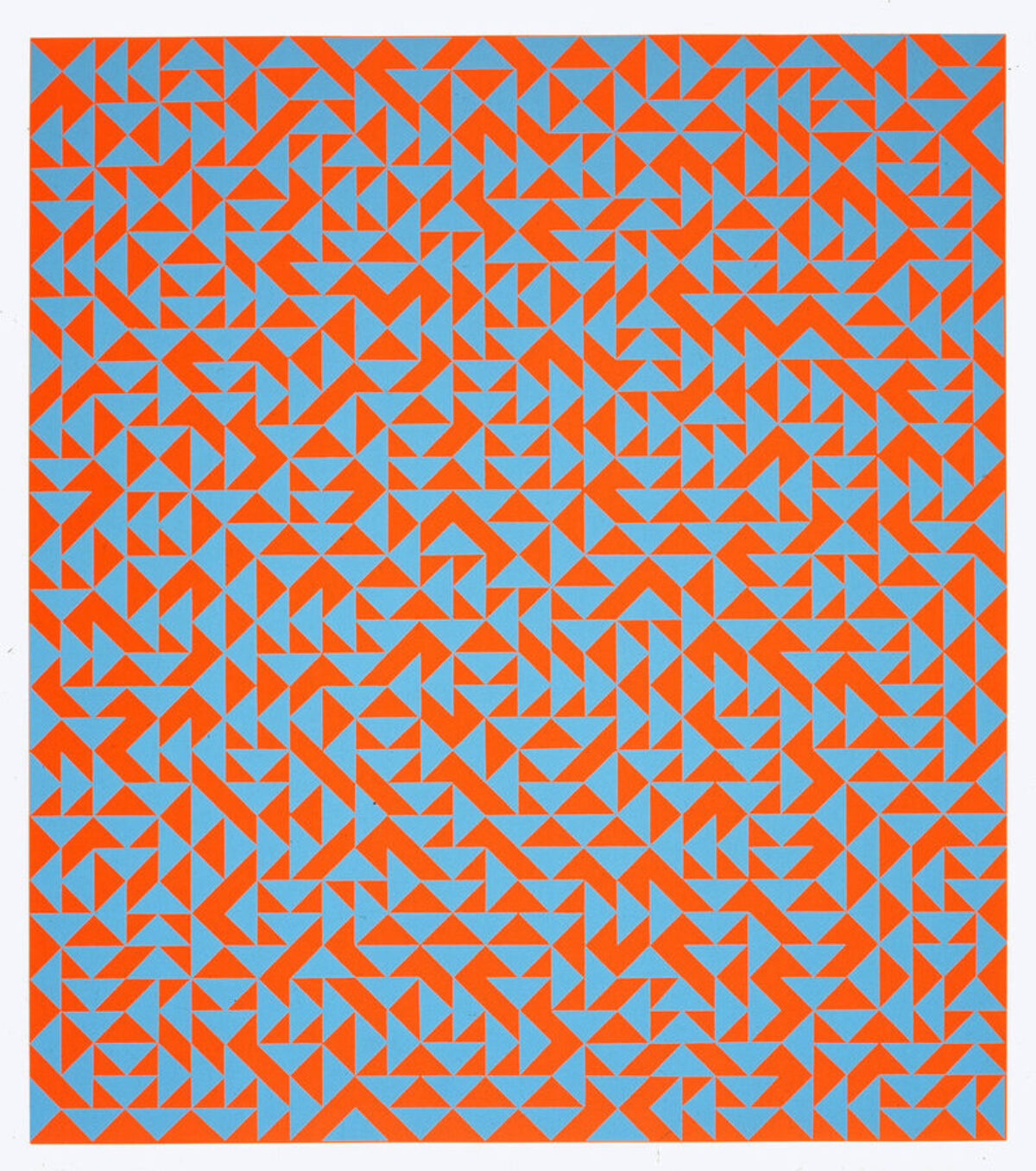 Rectangular print features hundreds of small, vibrant blue and red triangles arranged in geometric patterns, creating a quilt-like effect.