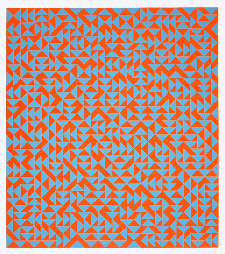 Rectangular print features hundreds of small, vibrant blue and red triangles arranged in geometric patterns, creating a quilt-like effect.