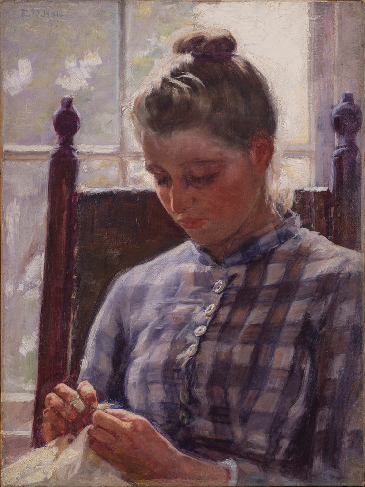 Impressionistic half-portrait of a light-skinned young woman wearing a checkered dress in neutral tones, her brown hair in a high, loose bun. She is seated in a wooden chair, backlit from a sun-filled window, with her head bowed and focusing on the sewing project in her lap.