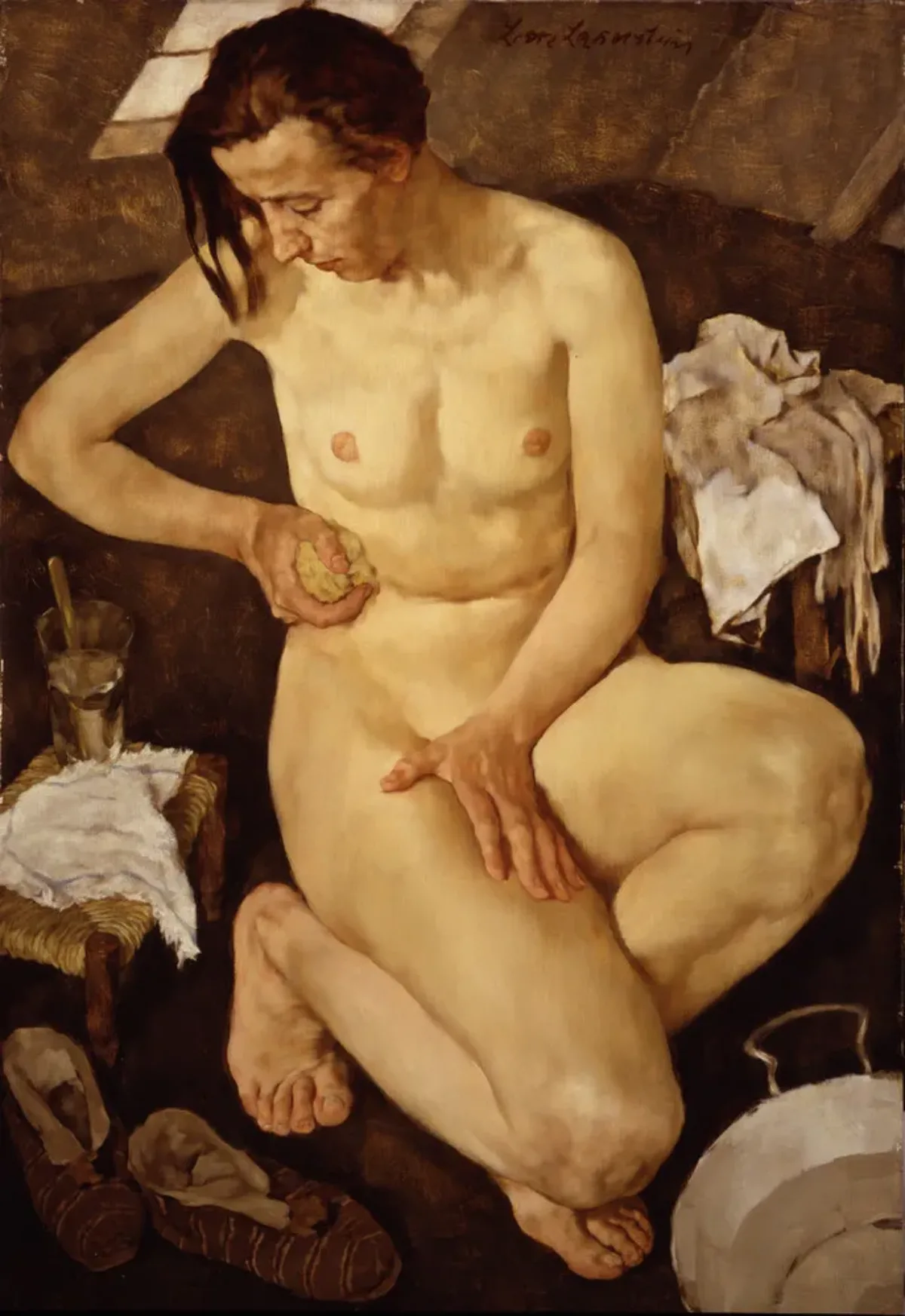 A light-skinned adult woman crouches near a small washtub and sponges her torso. One small bench holds a washcloth and water glass while garments rest on another. Posed within a cramped attic room and viewed from above, her body dominates the canvas and appears too large for the space.