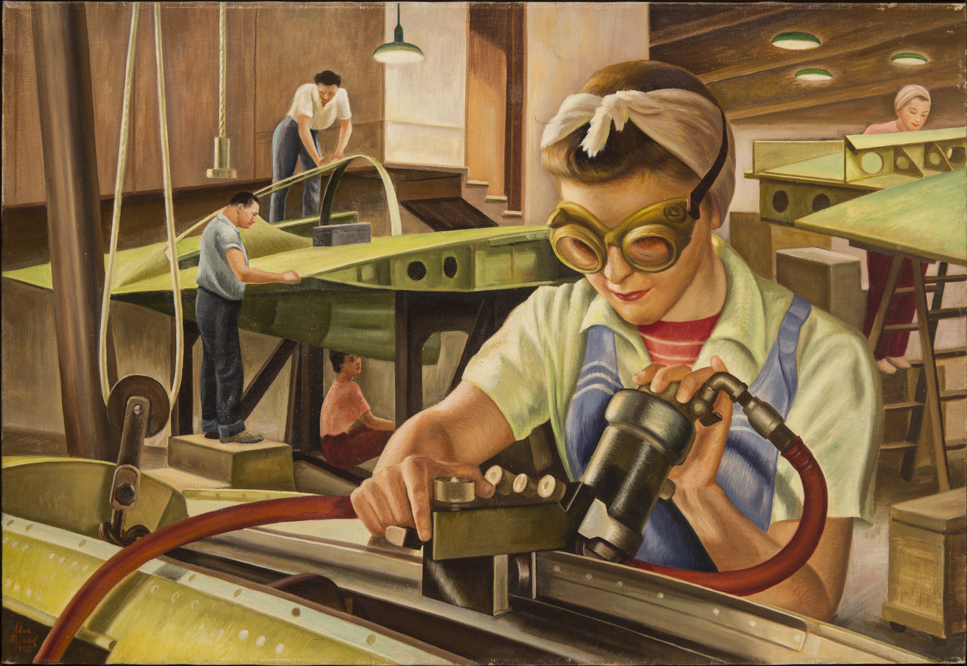Painting of a light-skinned woman wearing safety goggles and working with machinery in an industrial warehouse setting. In the background, other light-skinned figures work on airplane parts.