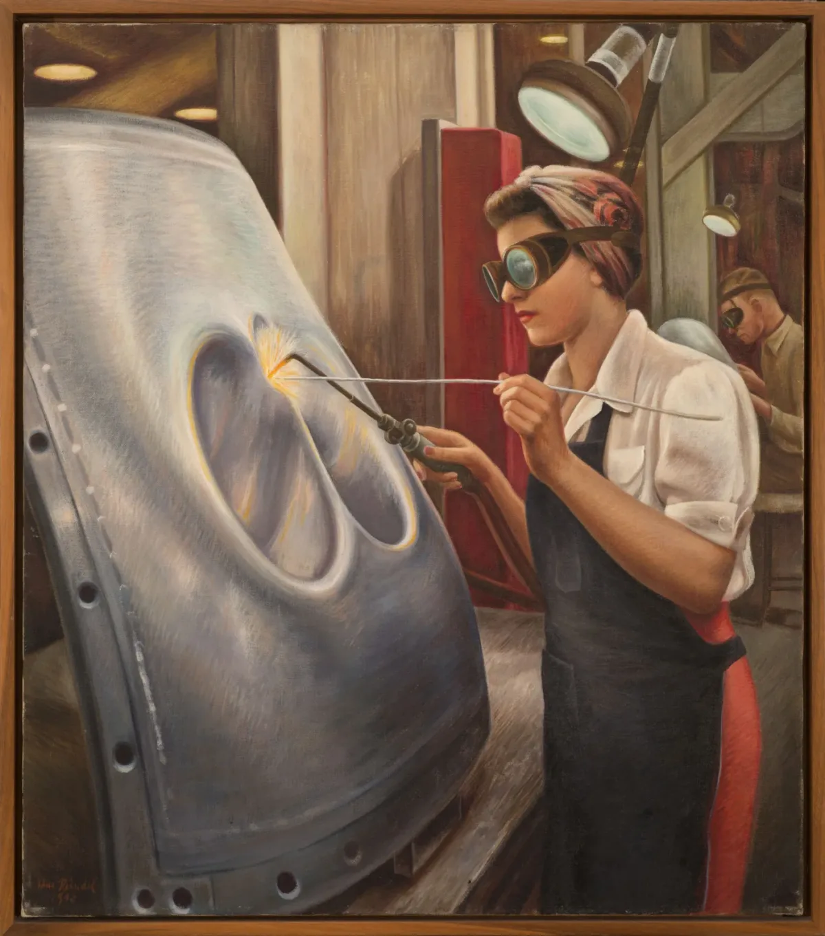 A painting of a light-skinned woman standing before a large, shaped piece of metal. She wears a white blouse, a black apron and brown goggles, with her hair tied in a scarf. She holds two welding tools. Sparks fly where her tools touch the metal. Another welder is in the distance.