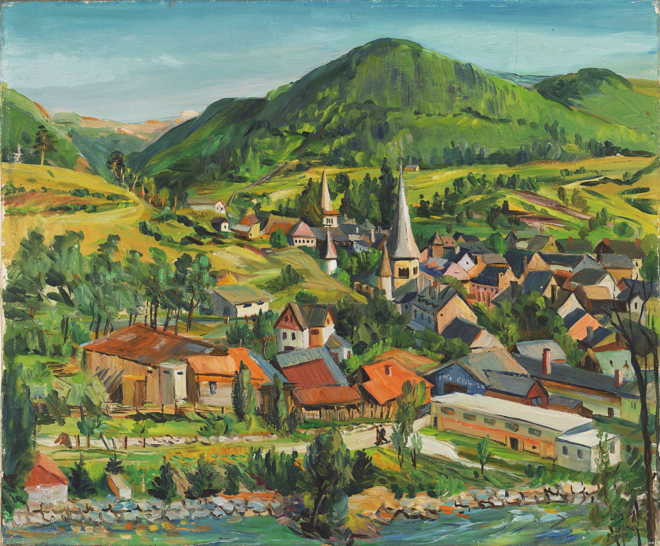 Beneath a soft blue sky, a picturesque village nestles in a valley between a river in the extreme foreground and verdant mountains. The style of the landscape painting combines loose and discrete brushstrokes with a palette of greens and golds.