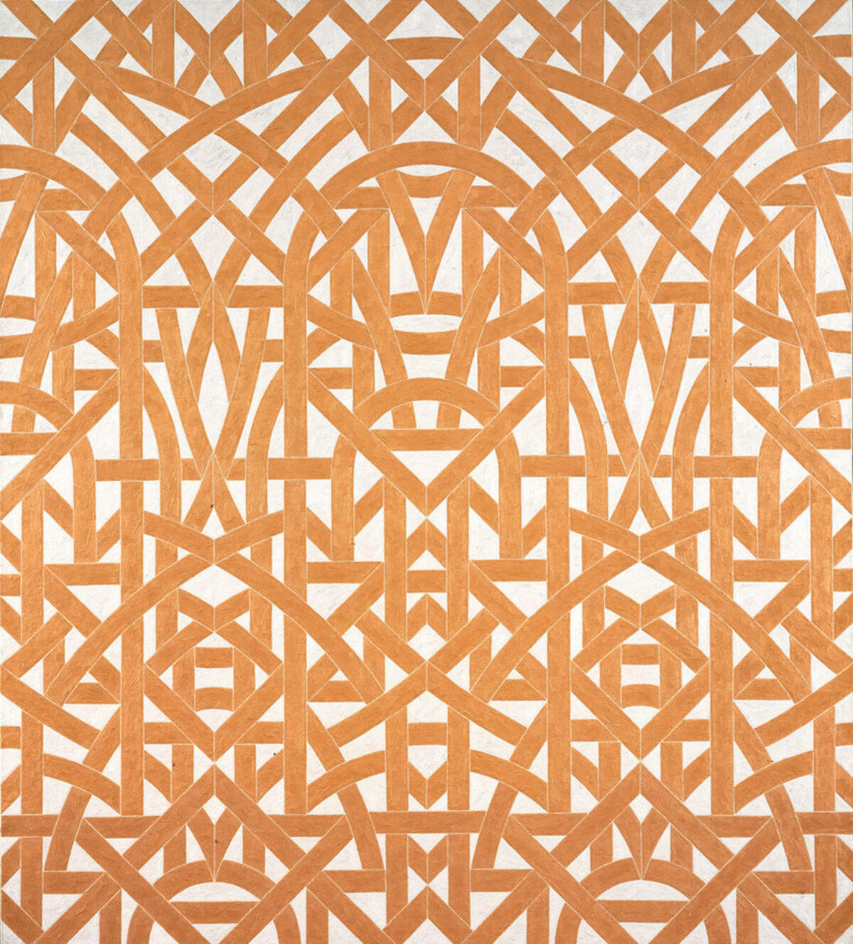 A symmetrical abstract painting of geometric, interlaced, orange lines on a white back ground.