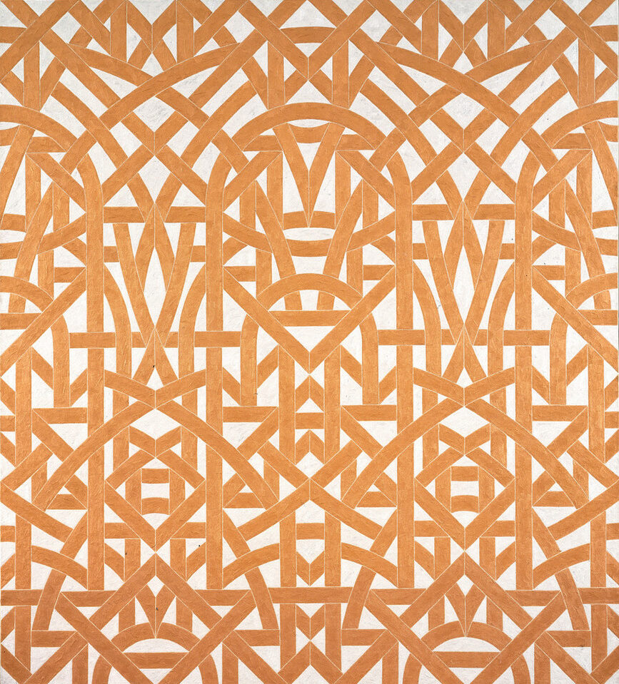 A symmetrical abstract painting of geometric, interlaced, orange lines on a white back ground.