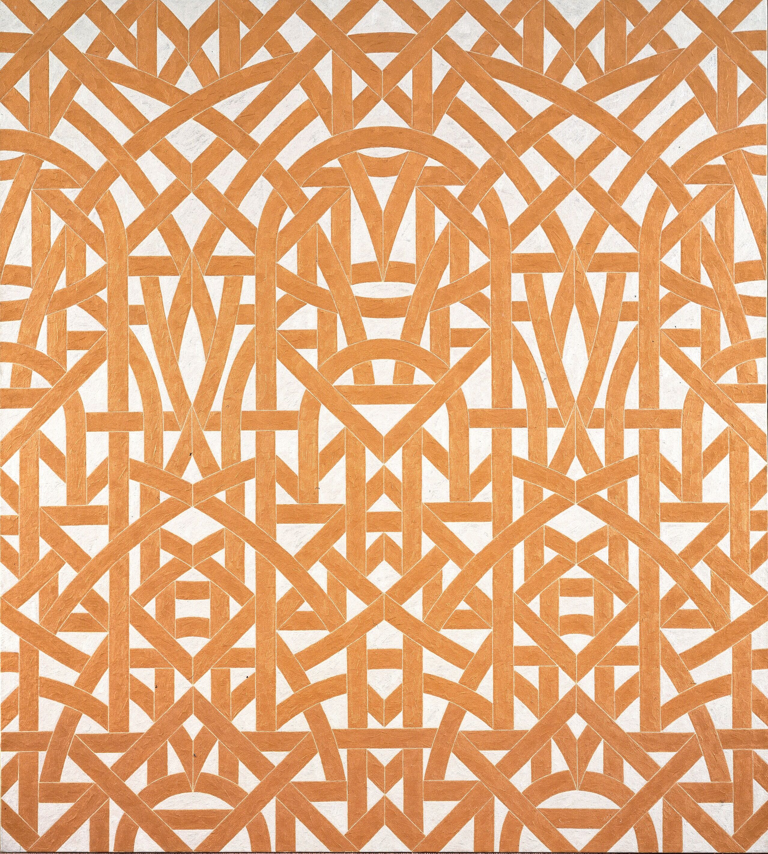 A symmetrical abstract painting of geometric, interlaced, orange lines on a white back ground.