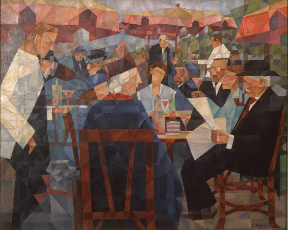 Painting, rendered in Cubist-style, is a kaleidoscope of colorful geometric shapes forming the elements of busy outdoor cafe scene. Waiters in white jackets serve patrons seated at tables shaded by large red sun umbrellas in the background.