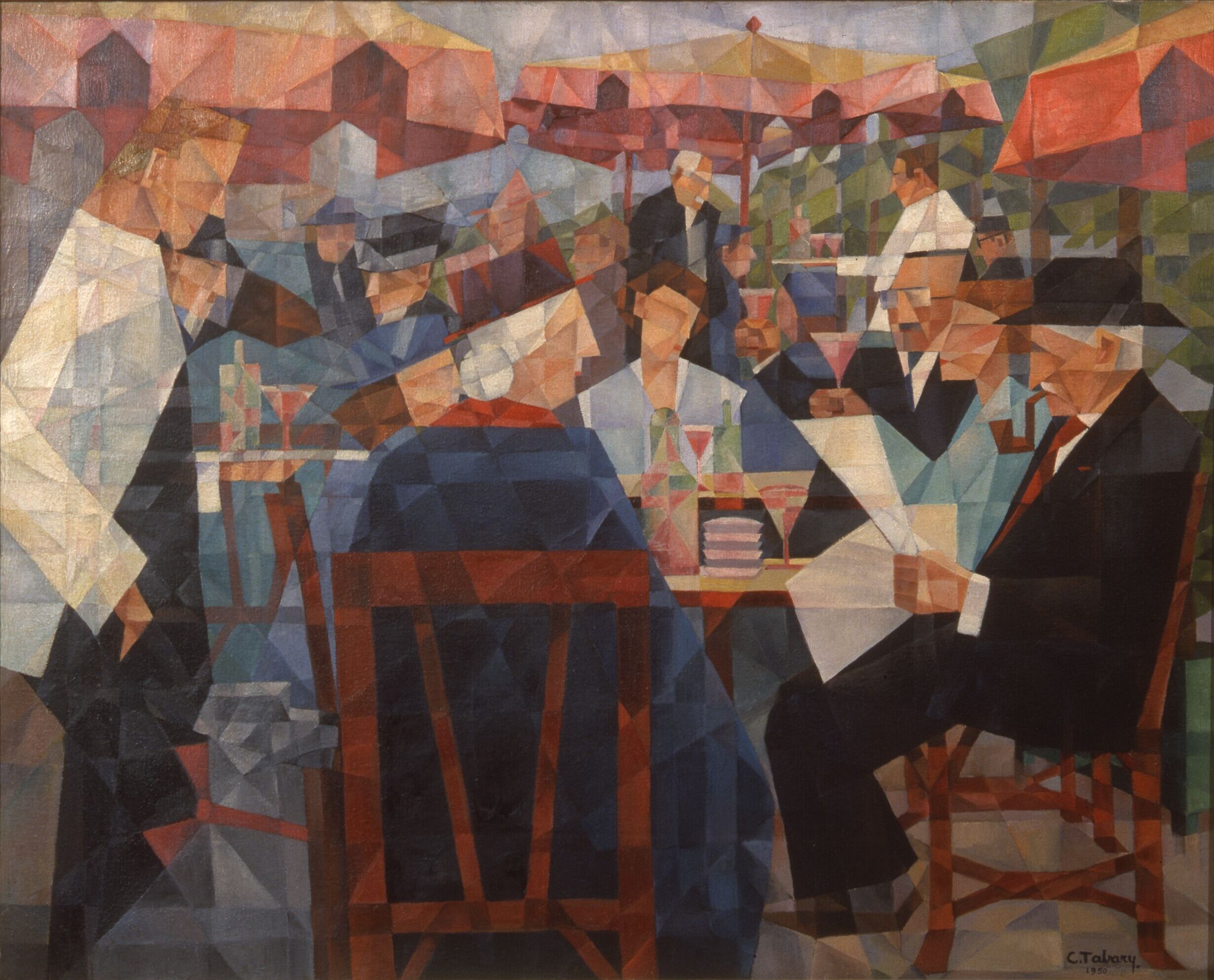 Painting, rendered in Cubist-style, is a kaleidoscope of colorful geometric shapes forming the elements of busy outdoor cafe scene. Waiters in white jackets serve patrons seated at tables shaded by large red sun umbrellas in the background.