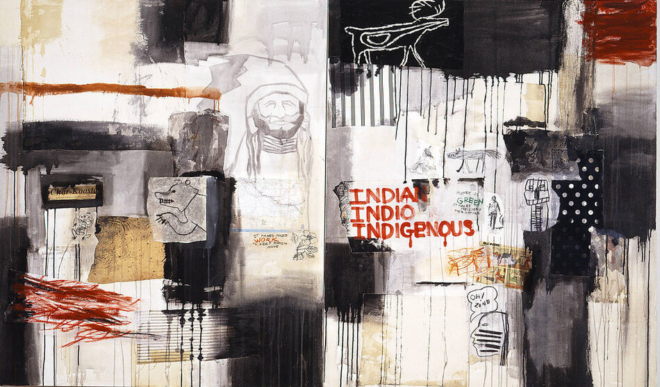 A horizontal canvas combines collaged paper, such as a scrap of a U.S. map, comic strip, and pictographs; cloth swatches; scrawled and dripped paint; and phrases like “It takes hard work to keep racism alive” and “Oh! Zone.” The work’s title appears in red paint right of center.