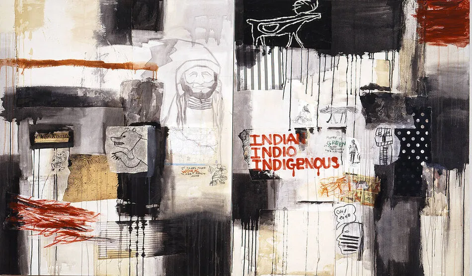 A horizontal canvas combines collaged paper, such as a scrap of a U.S. map, comic strip, and pictographs; cloth swatches; scrawled and dripped paint; and phrases like “It takes hard work to keep racism alive” and “Oh! Zone.” The work’s title appears in red paint right of center.