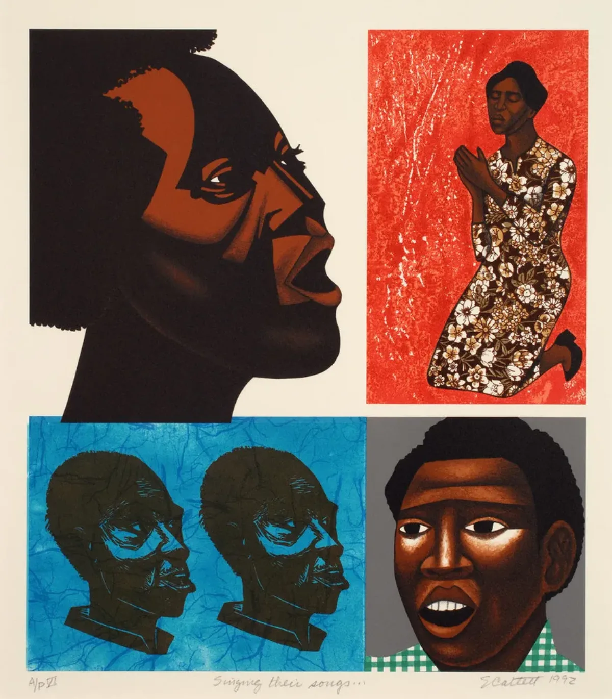 Print, divided into uneven quadrants, features stylized dark-skinned figures singing. Above a female head vocalizes toward a woman wearing a floral dress, kneeling in prayer against a red background. Below two male heads on a blue background sing toward a young man wearing a green gingham shirt.