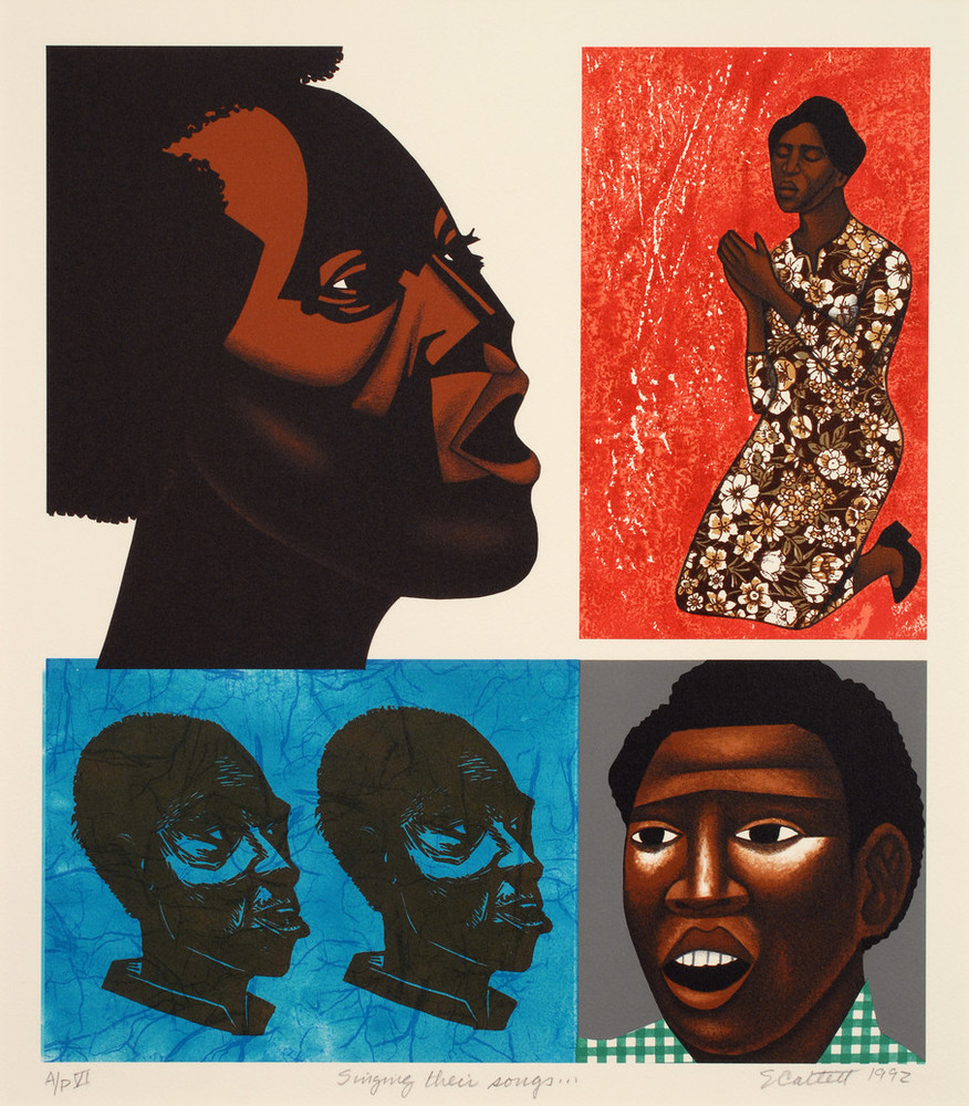 Print, divided into uneven quadrants, features stylized dark-skinned figures singing. Above a female head vocalizes toward a woman wearing a floral dress, kneeling in prayer against a red background. Below two male heads on a blue background sing toward a young man wearing a green gingham shirt.
