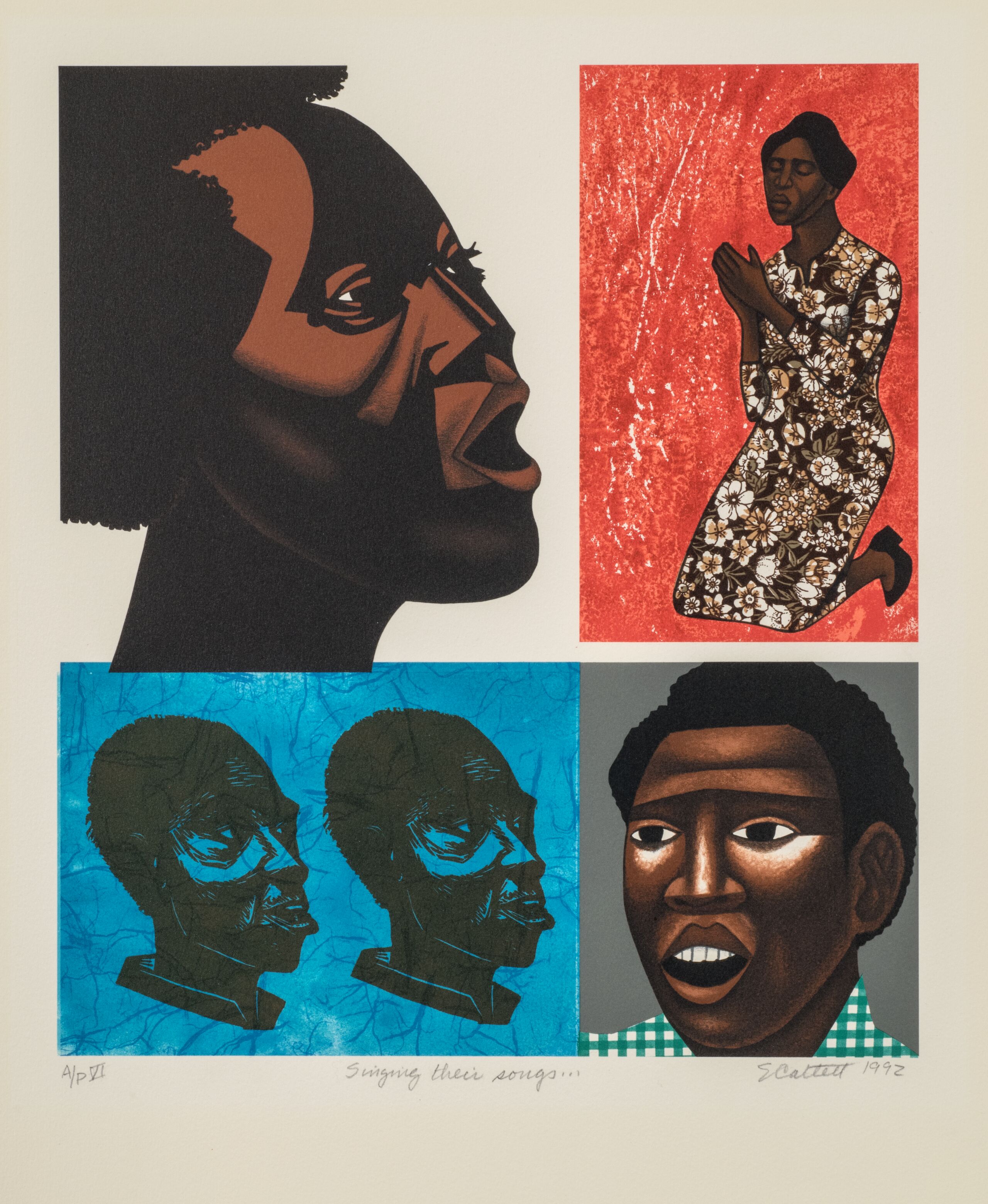 This print, divided into uneven quadrants, features stylized dark-skinned figures singing. At the top, a female head vocalizes toward a woman wearing a floral dress, kneeling in prayer against a red background. Below, two male heads on a blue background sing toward a young man wearing a green gingham shirt.