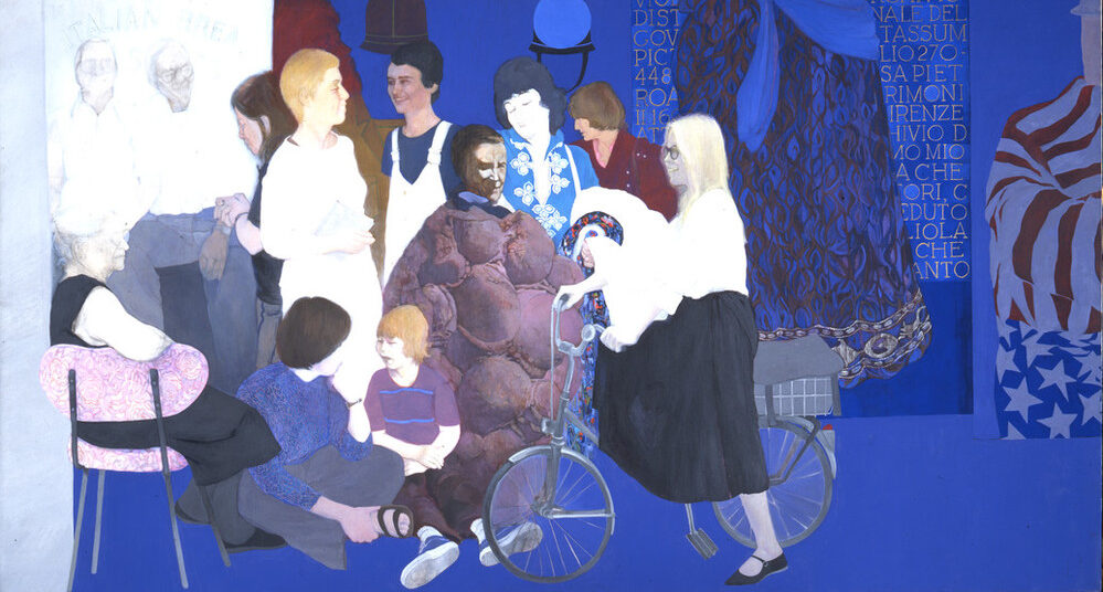 Life-sized, full-length portraits of 12 individuals form a frieze-like composition against a saturated lapis-blue background. Most of those portrayed are noted feminist artists and critics. Details from the artist's earlier paintings appear above and to the right of the figures.
