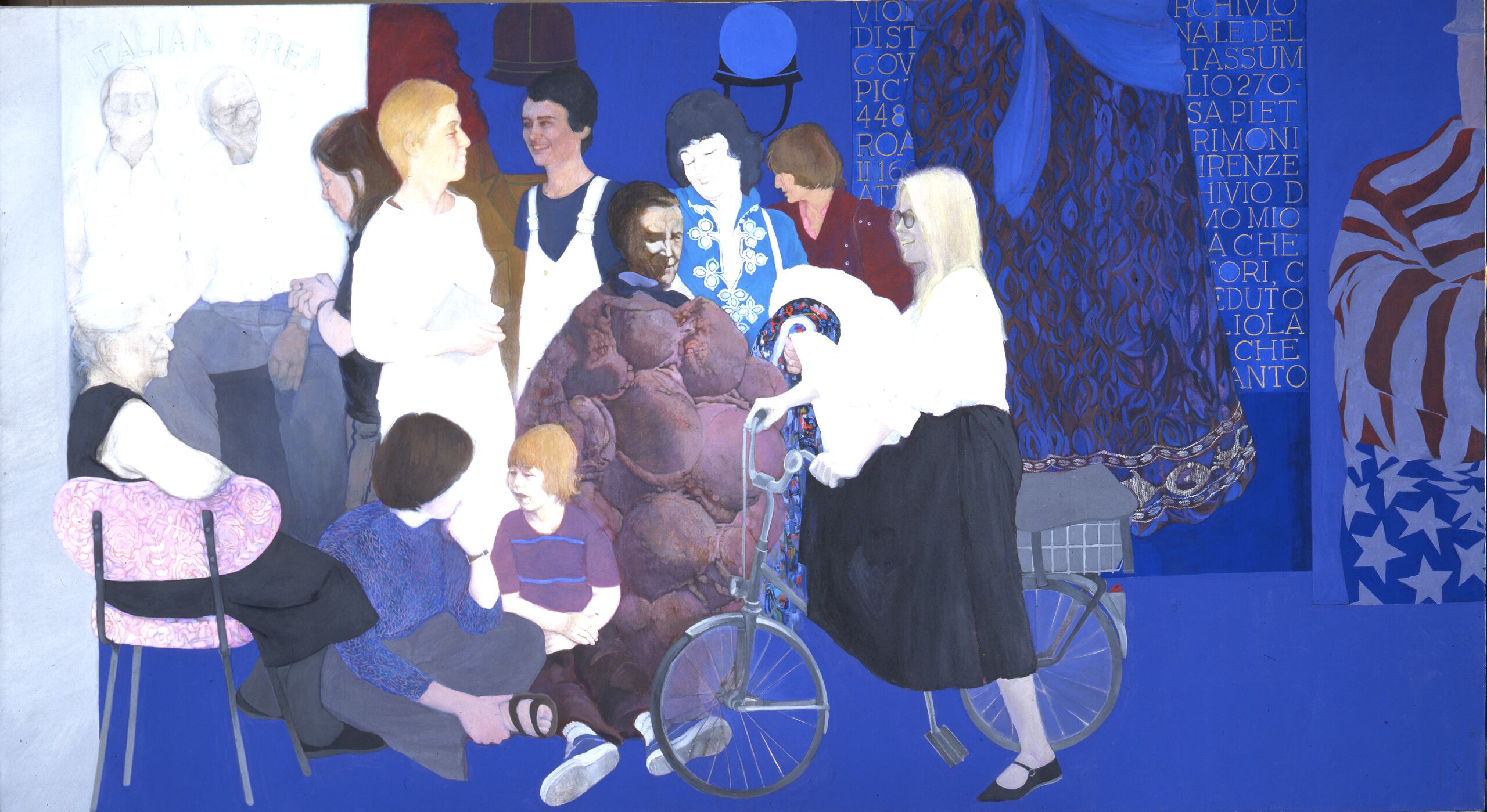 Life-sized, full-length portraits of 12 individuals form a frieze-like composition against a saturated lapis-blue background. Most of those portrayed are noted feminist artists and critics. Details from the artist's earlier paintings appear above and to the right of the figures.