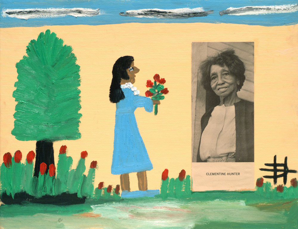 Rendered in a childlike style, the painting depicts a dark-skinned woman in a blue dress offering a bouquet of red flowers to a photograph of the artist affixed to canvas. The woman stands next to a tree surrounded by red flowers with blue sky and gray clouds above her.